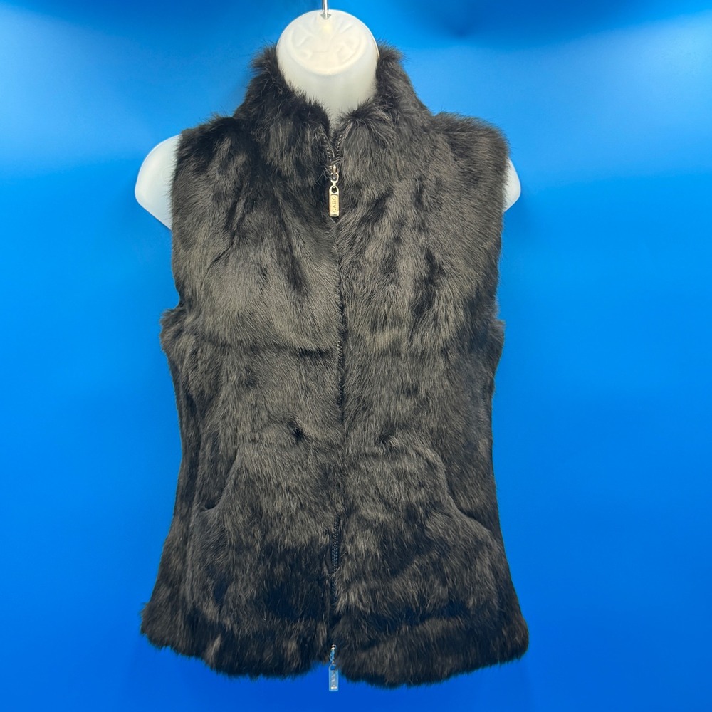 Cabo Women's Black Rabbit Fur Vest‎ Size M Full Zip